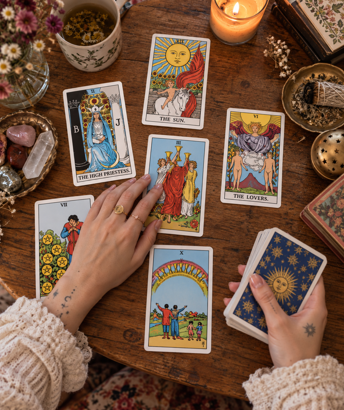 Sara's hands laying out tarot cards