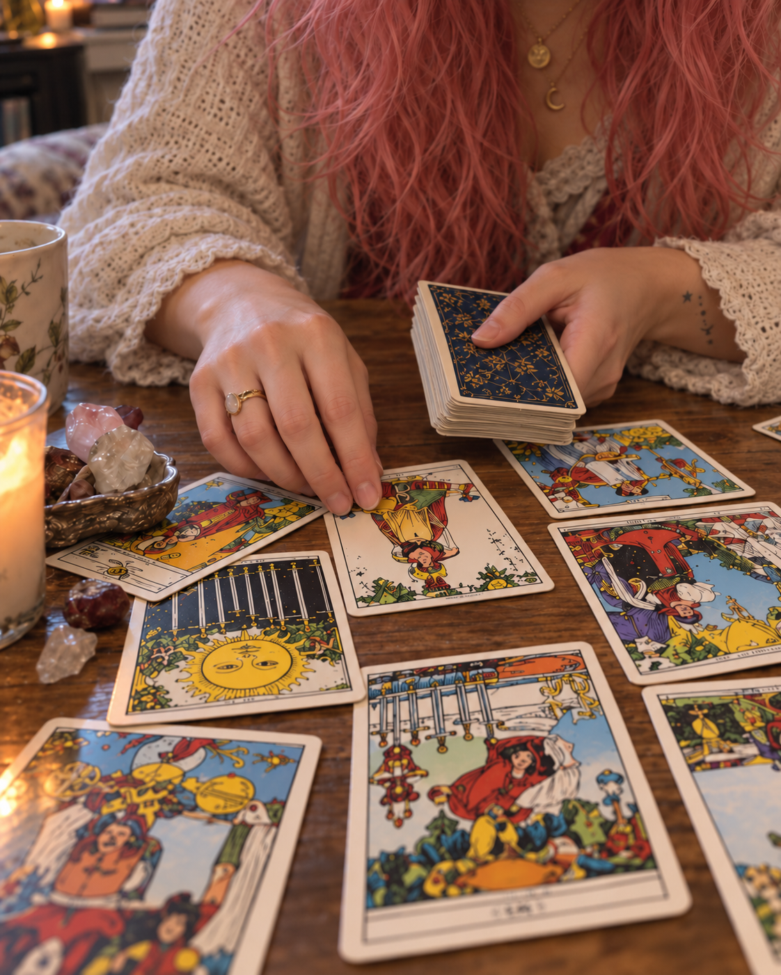 Sara holding a tarot deck over a reading table