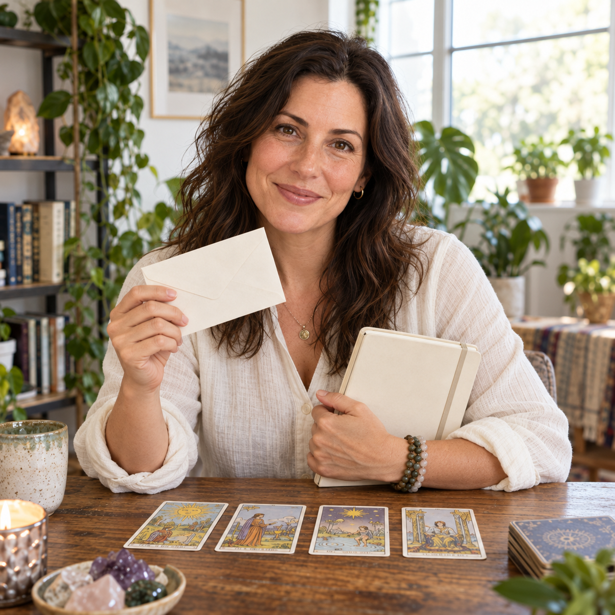 Sara holding a notebook beside her tarot table