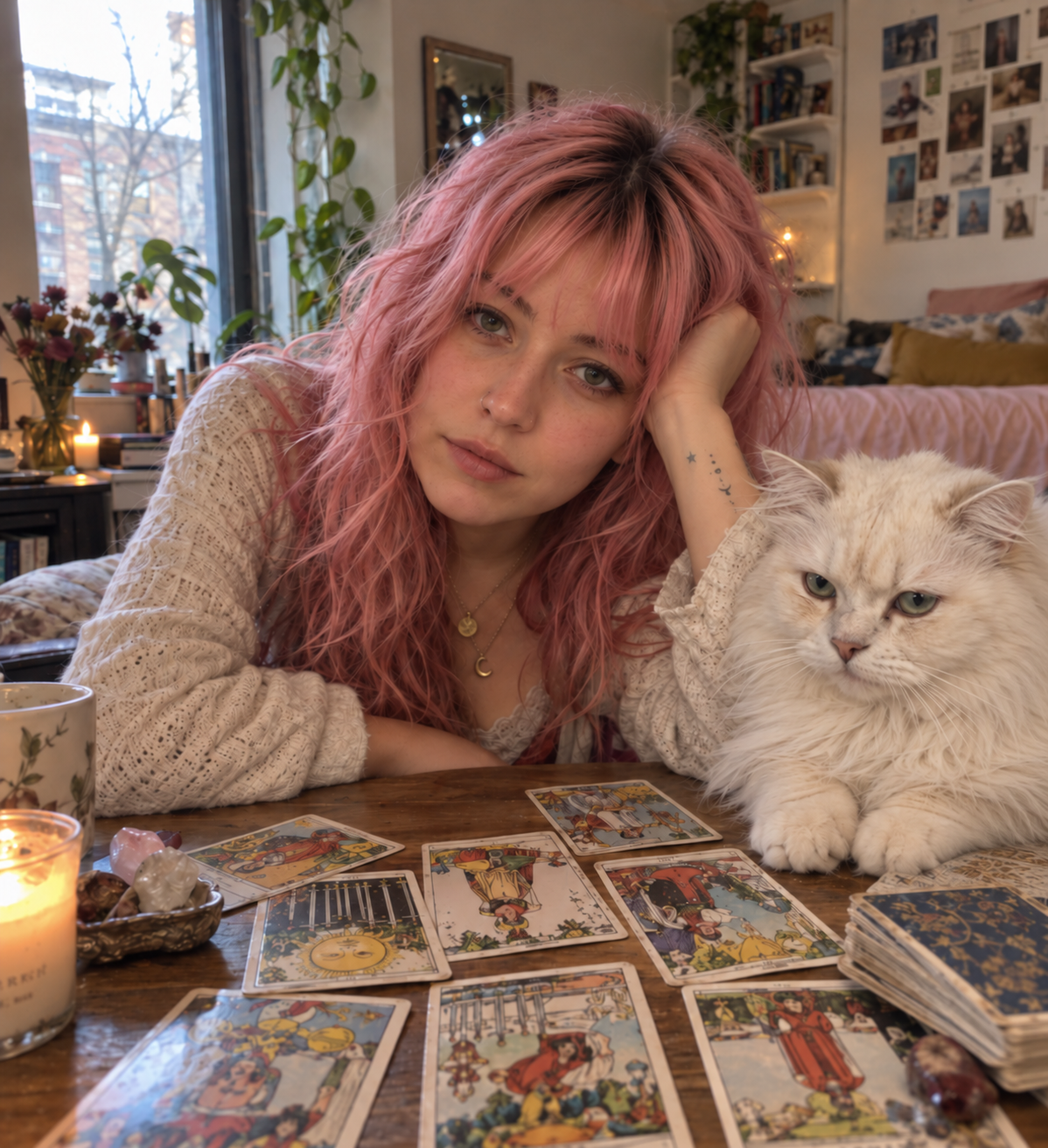 Sara with her cat and tarot cards