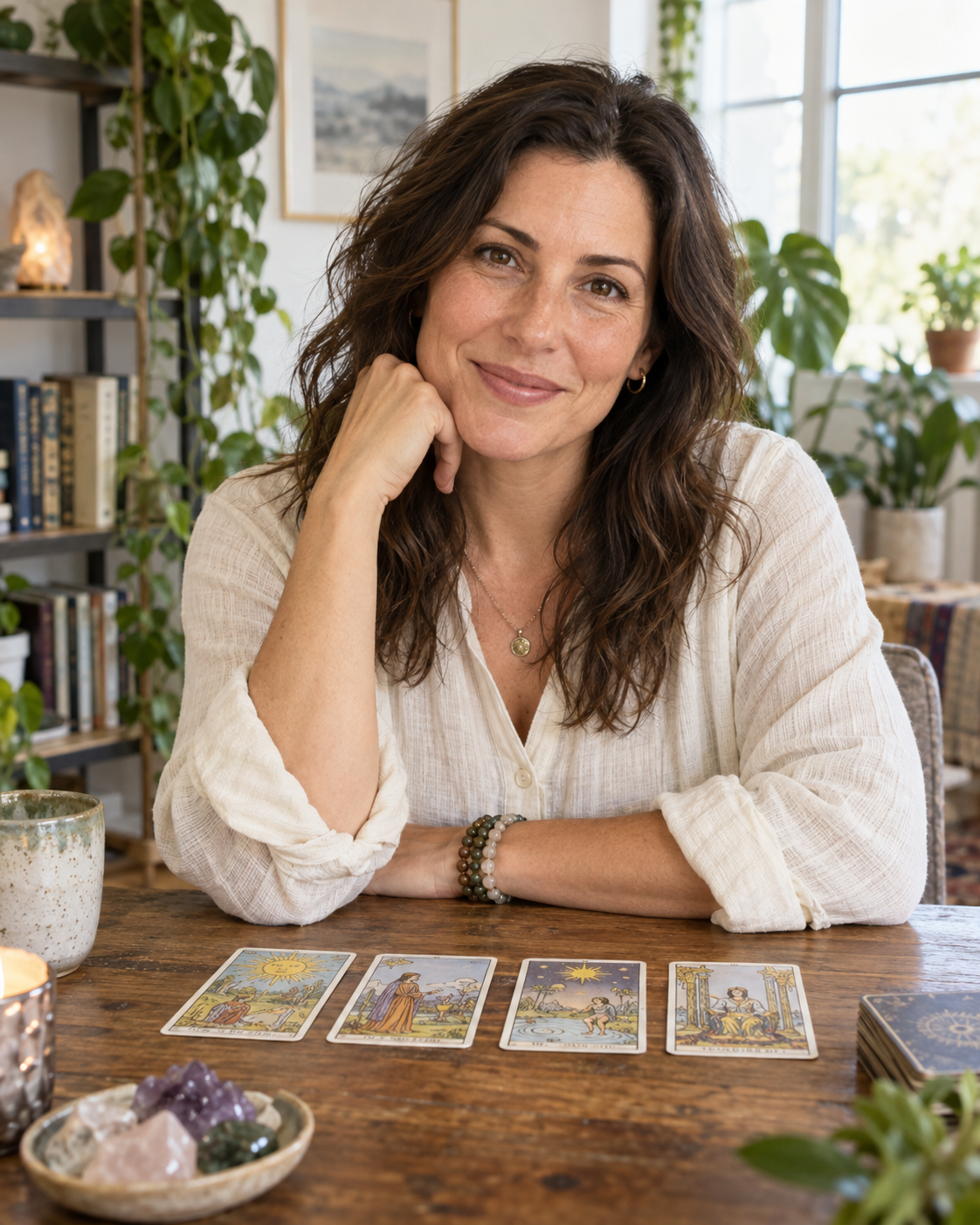 Sara, a human tarot reader, seated behind a four-card tarot spread