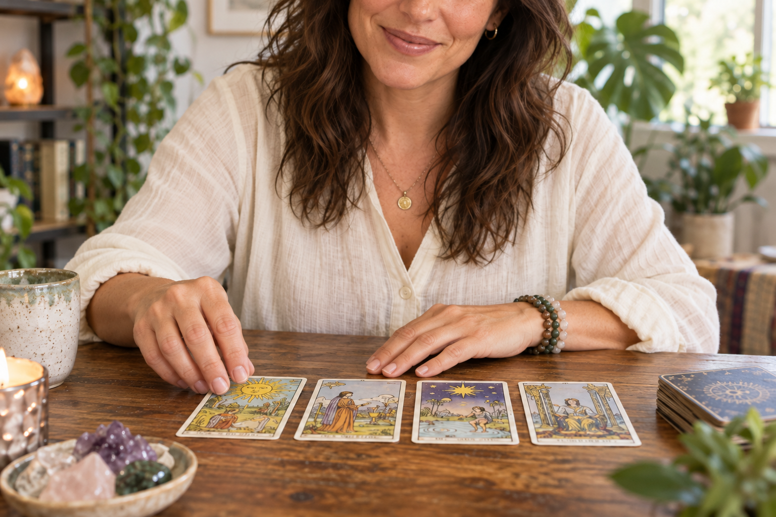 Sara writing a private tarot reading beside a four-card spread